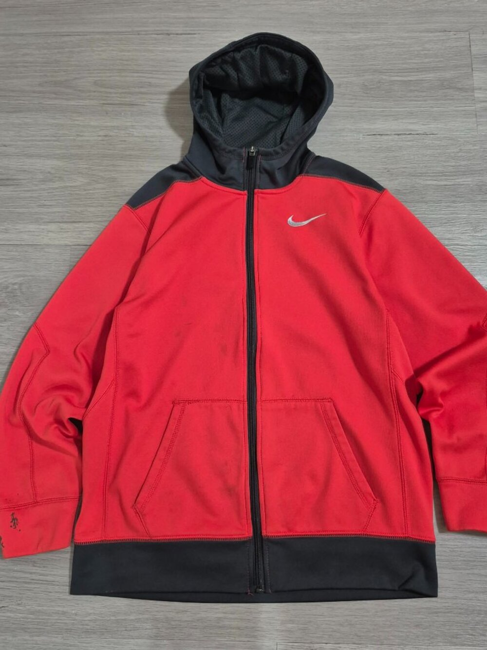 Nike Dri-FIT Mens XL Full Zip Hoodie Red Black Athletic Jacket (stains)